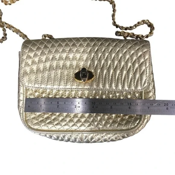 Bally Gold Quilted Lambskin Leather Crossbody Bag Purse Gold Chain Small Vintage - Picture 10 of 15